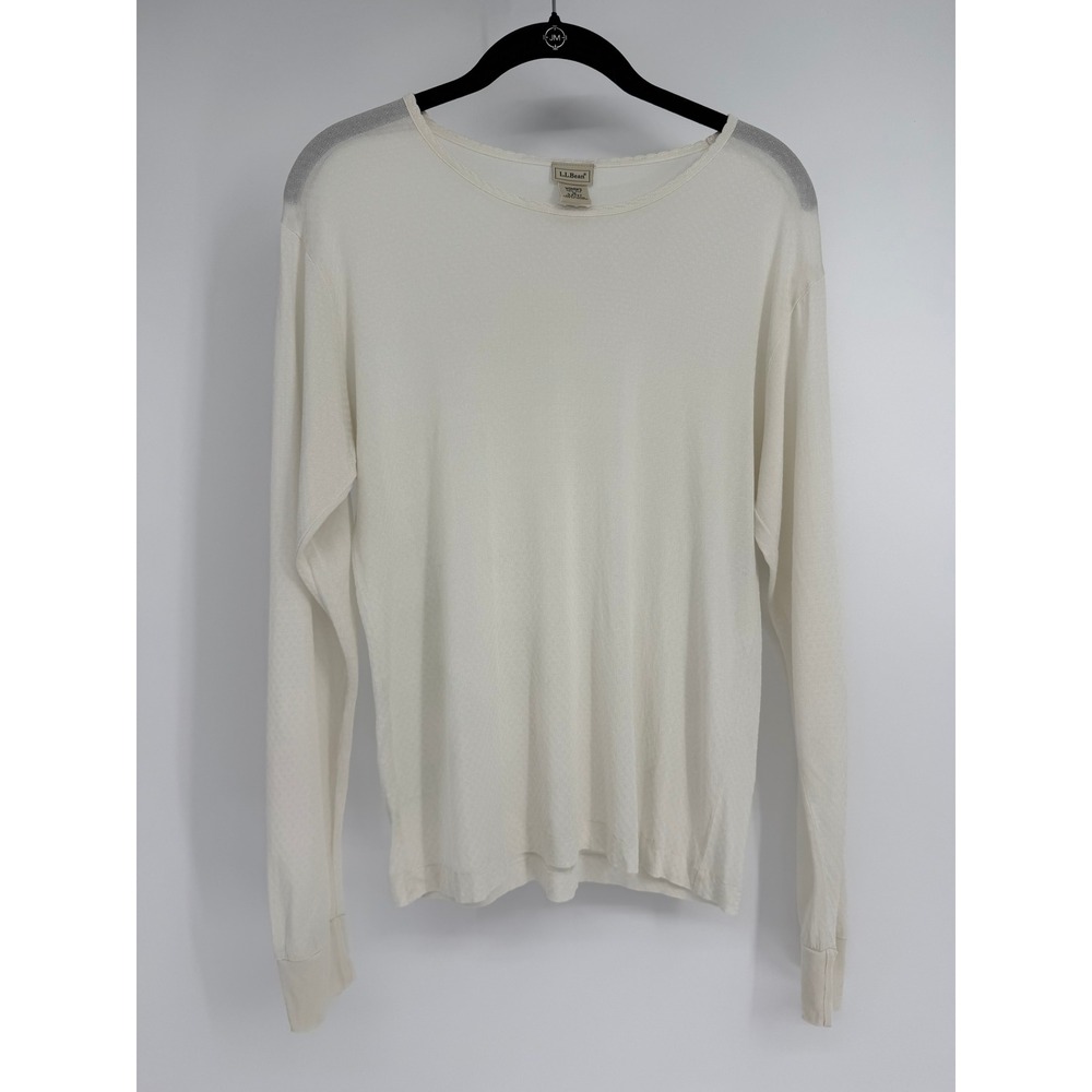 LL Bean Womens Medium 100% Silk Pointelle Knit Long Sleeve Base Layer Top Cream